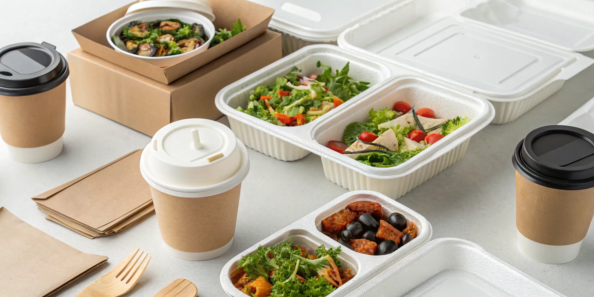 A selection of disposable food containers for restaurants holding salads and coffee.