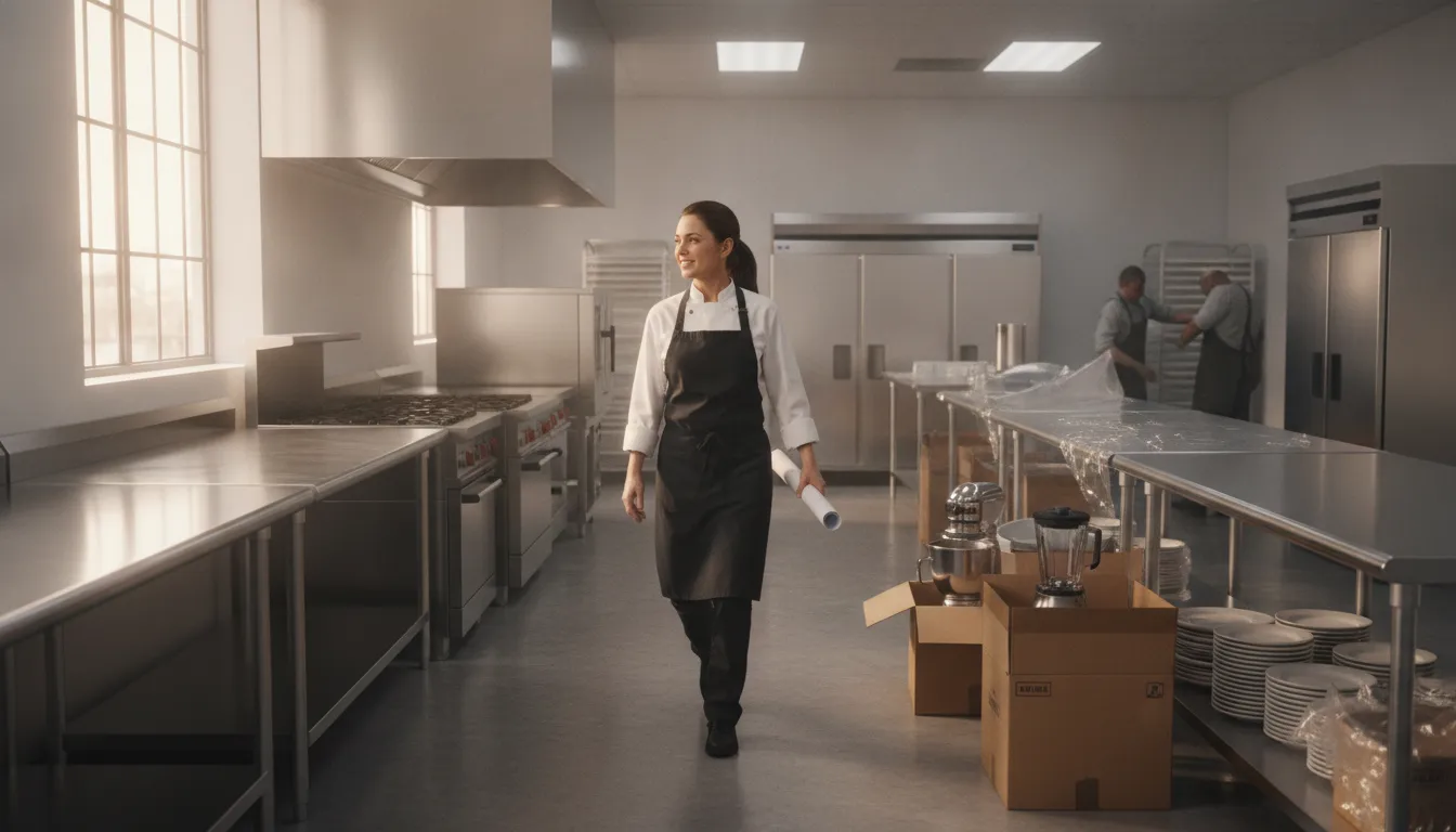 New restaurant owner reviewing equipment in a bright commercial kitchen being set up for opening day