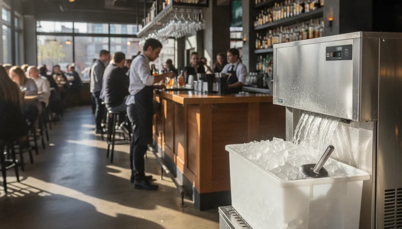 Commercial ice machine supplying a busy restaurant bar