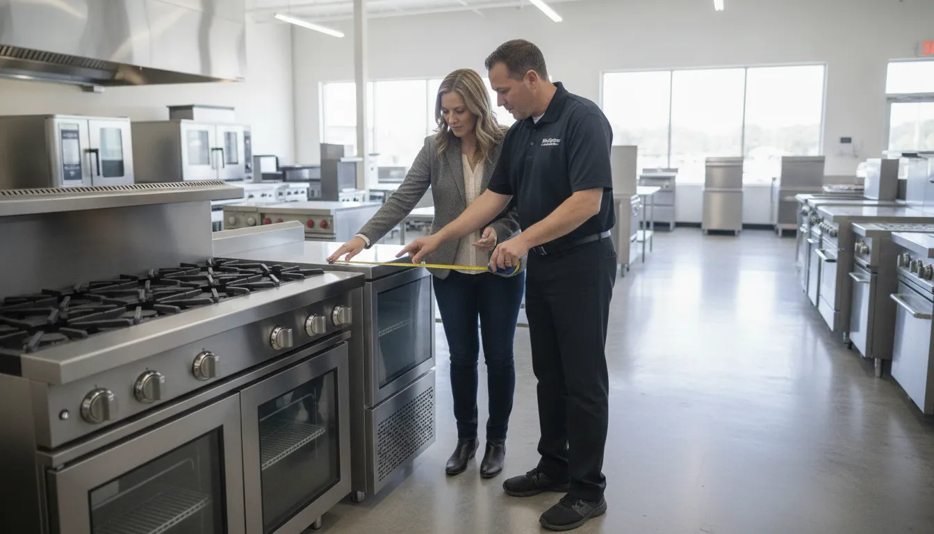 Rochester restaurant operator measuring a commercial range with an equipment specialist in a showroom