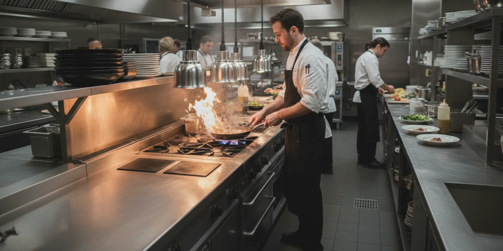 Commercial induction range on a restaurant cook line with a chef preparing a pan of food