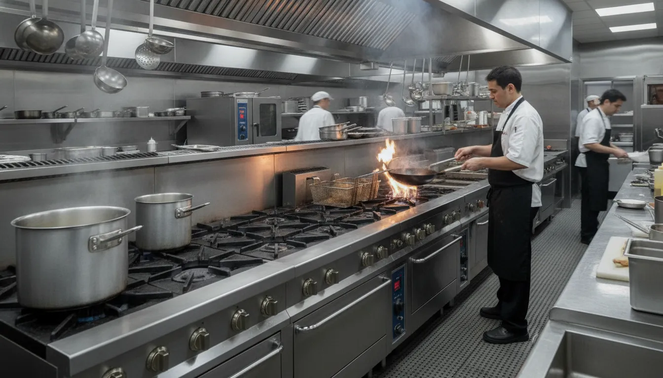 Commercial gas ranges and cooking line equipment in a busy restaurant kitchen