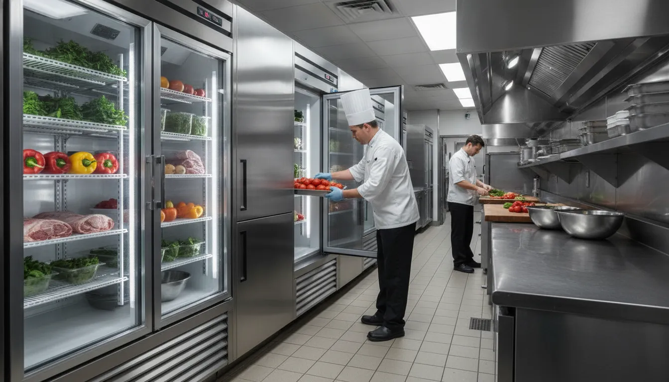 Reach-in commercial refrigerators and undercounter refrigeration units in a professional kitchen