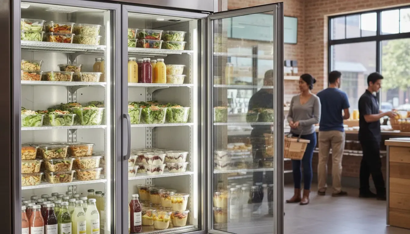 Commercial refrigerated display case with organized ready-to-eat meals and beverages in a foodservice cafe