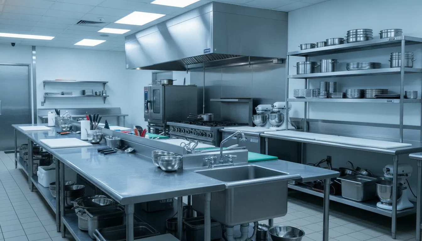 Stainless steel commercial kitchen prep area with professional foodservice equipment