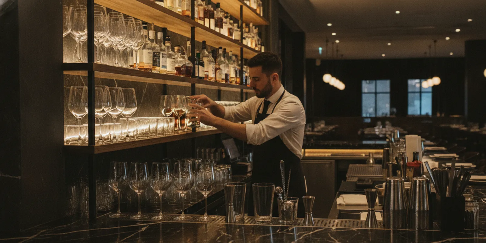 Bartender preparing drinks behind a well-organized commercial bar