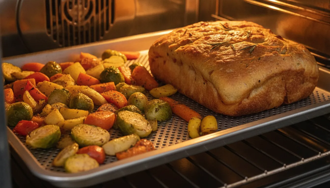 Golden roasted vegetables and a flatbread crisping on a perforated sheet pan