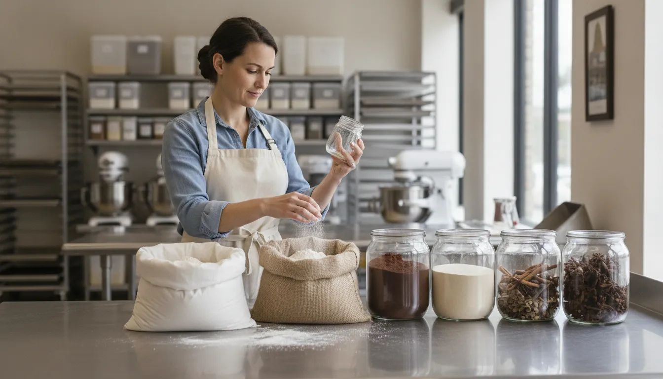 Female baker preparing ingredients with glass jars of flour and sugar on a commercial kitchen counter.