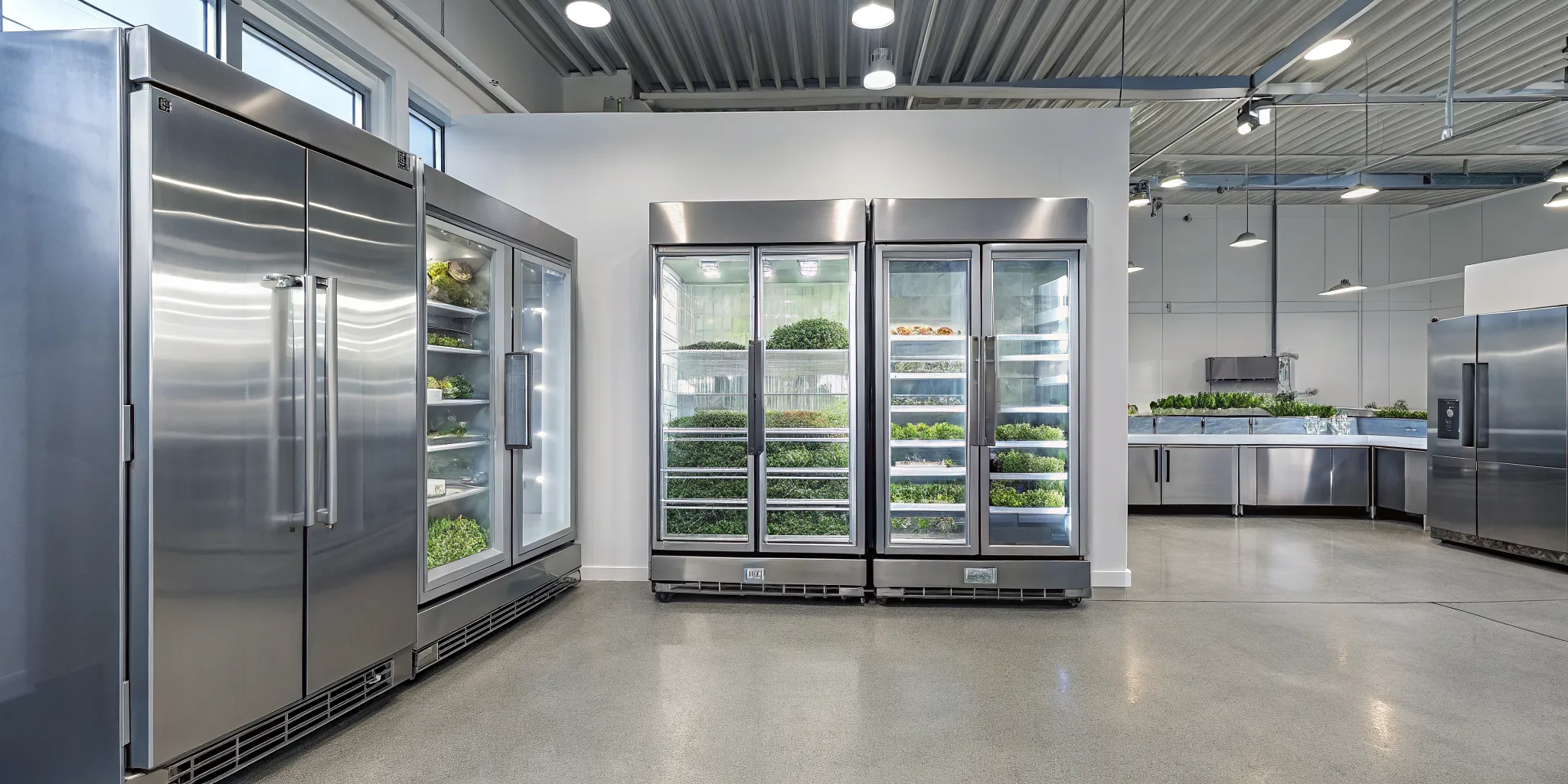 A line of restaurant refrigerators with stainless steel and glass doors in a commercial kitchen.