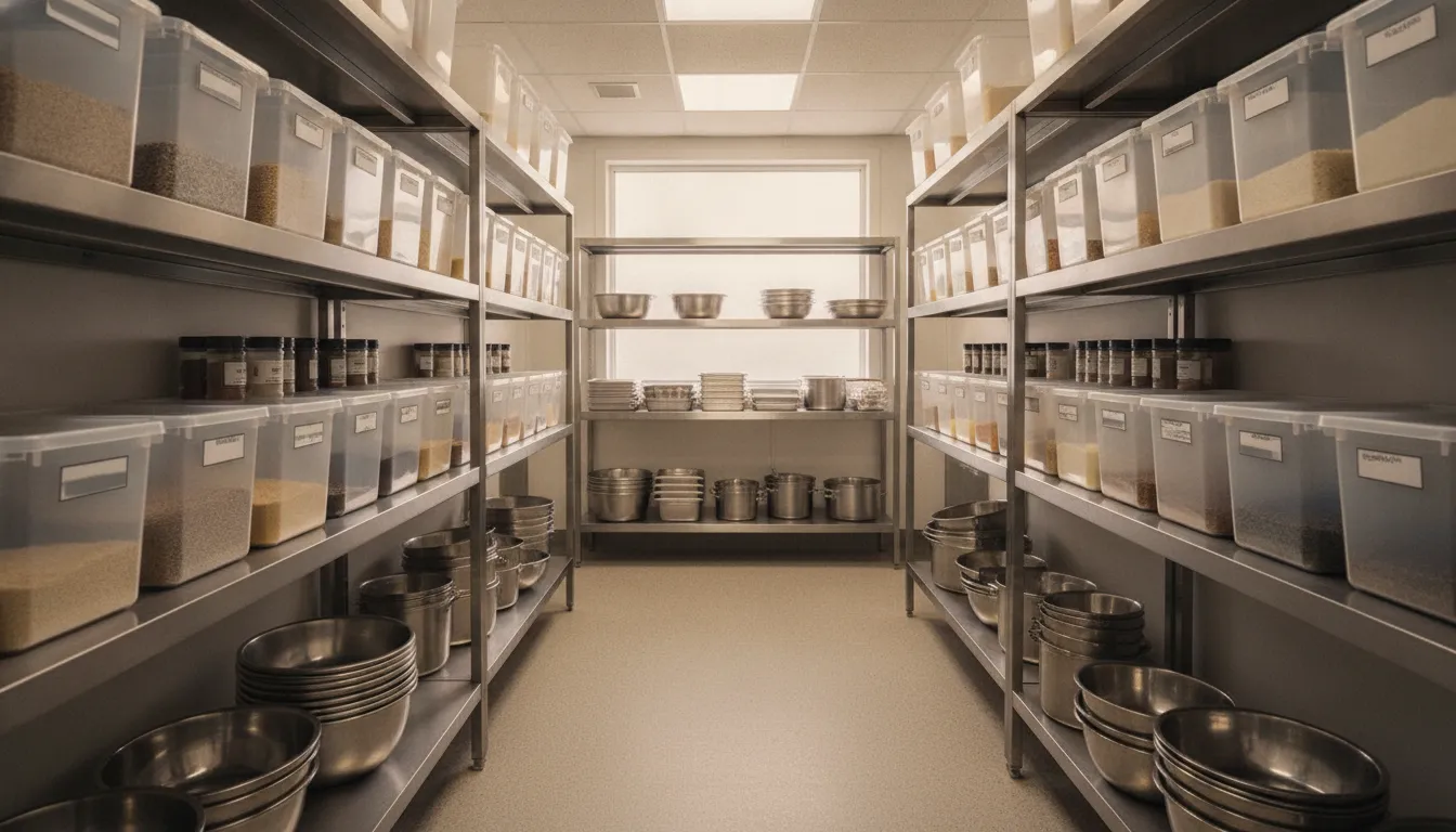 Organized commercial restaurant storage room with stainless steel shelving, labeled ingredient bins, sheet pans, and cookware