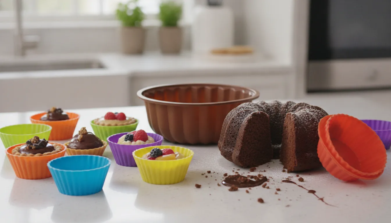 Mini silicone muffin molds with a few small finished desserts released cleanly beside them