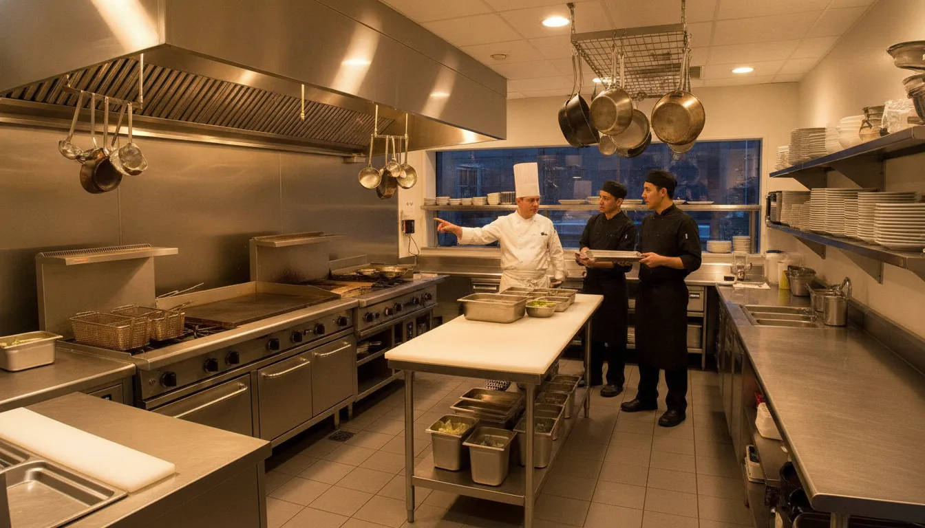Compact commercial kitchen layout for a small restaurant with stainless steel workstations