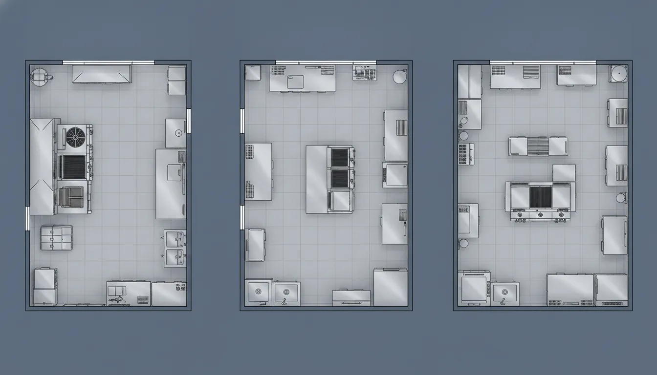 Overhead comparison of three compact commercial kitchen floor plans