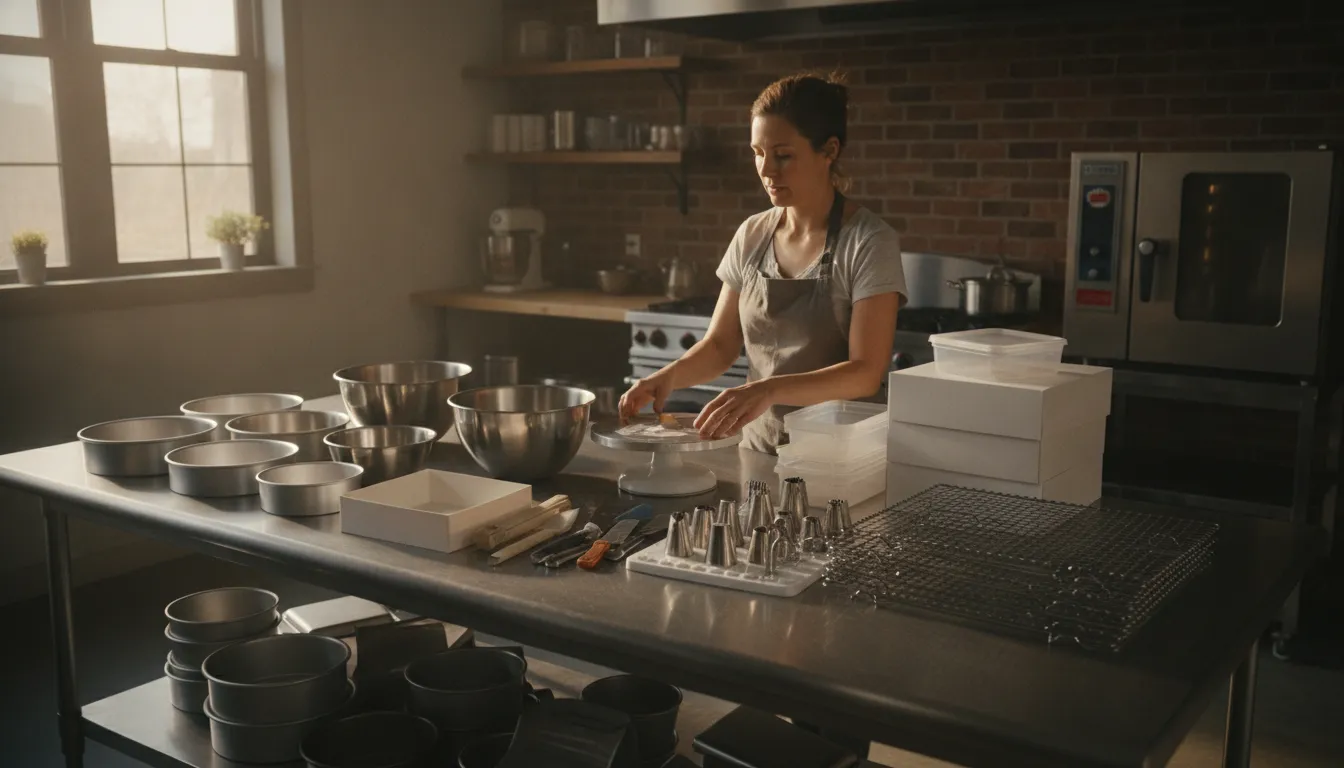 Home baker organizing labeled baked goods, baking tools, and order supplies on a clean worktable