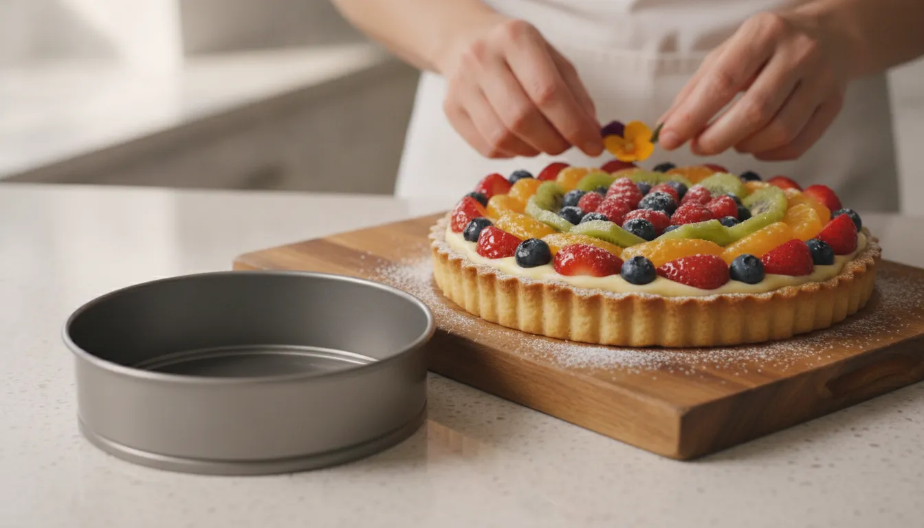 Finished fruit tart on a removable-bottom tart pan with the ring lifted off