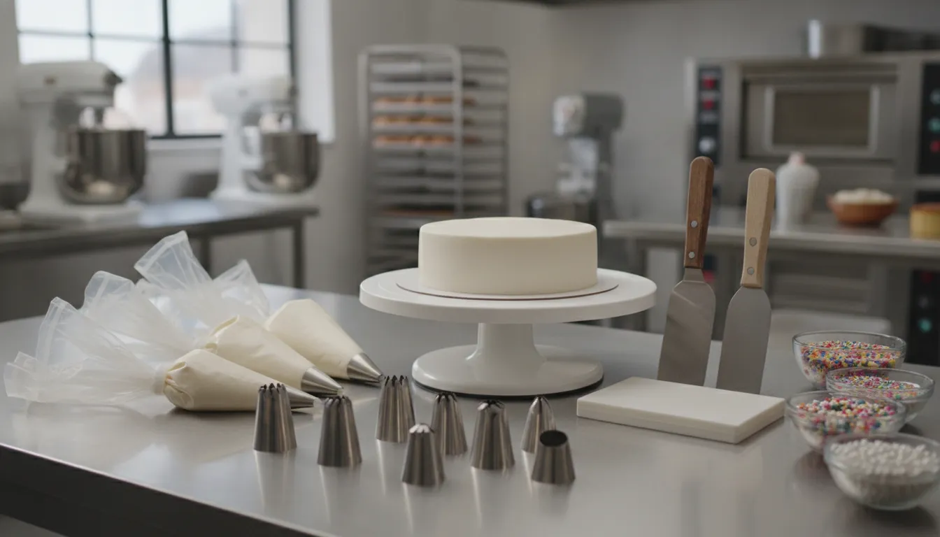 Cake decorating tools on a bakery worktable, including piping tips, turntable, spatula, and scraper