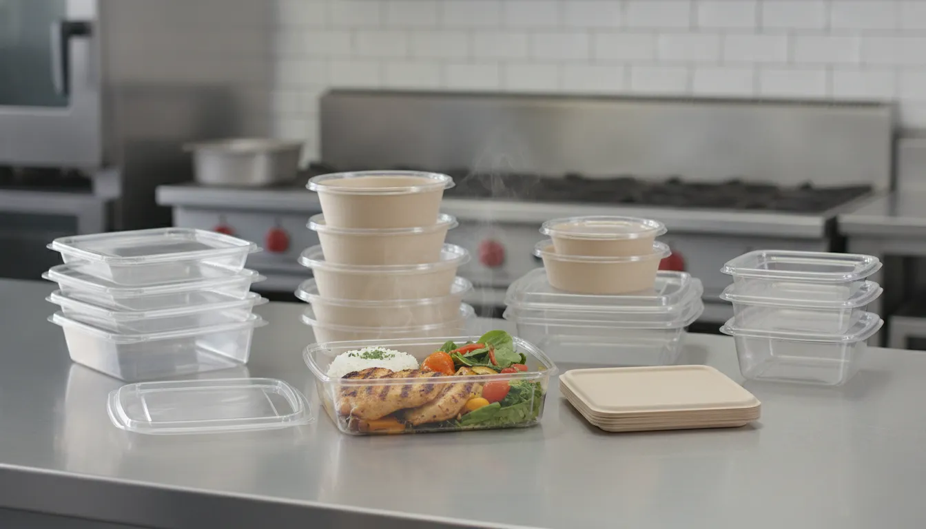 Food-safe to-go containers on a commercial kitchen counter