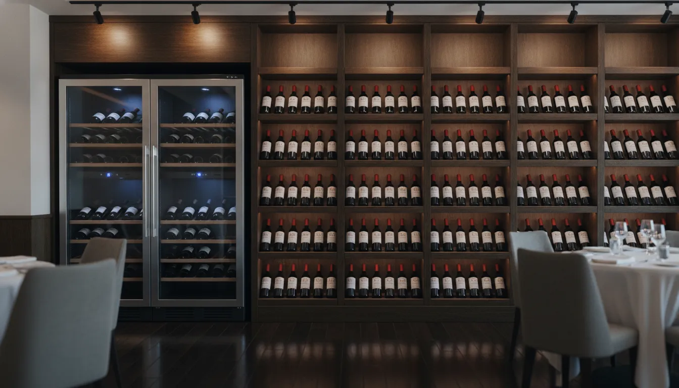 Commercial restaurant wine bottles organized on back-bar storage and display shelving