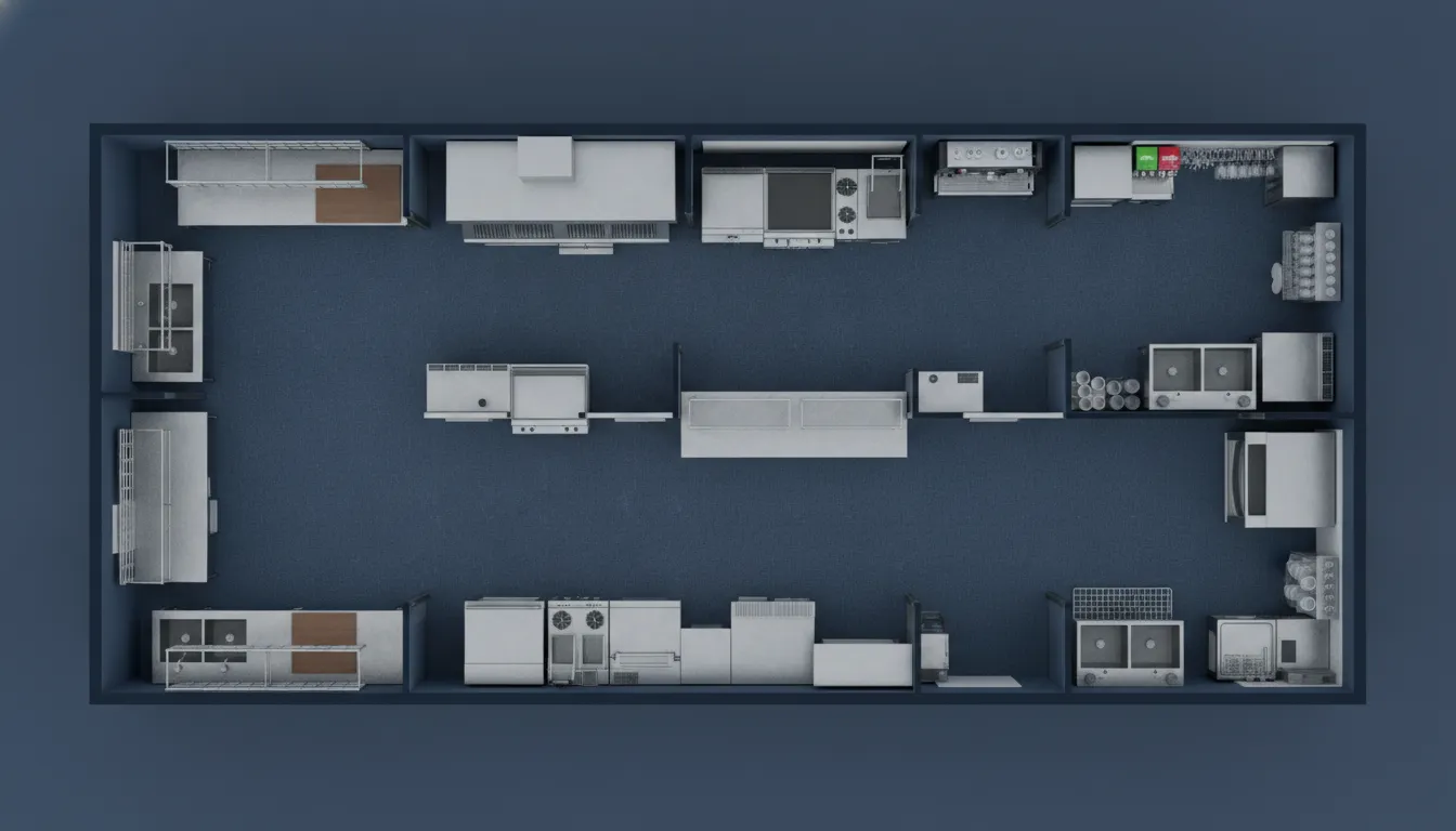 Overhead floor plan of a compact zone commercial kitchen with connected prep and cooking areas