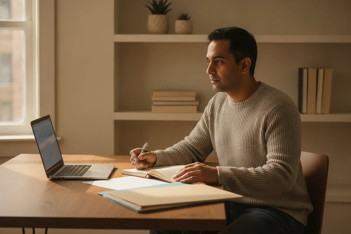 Federal employee organizing a monthly budget and TSP retirement goals at home