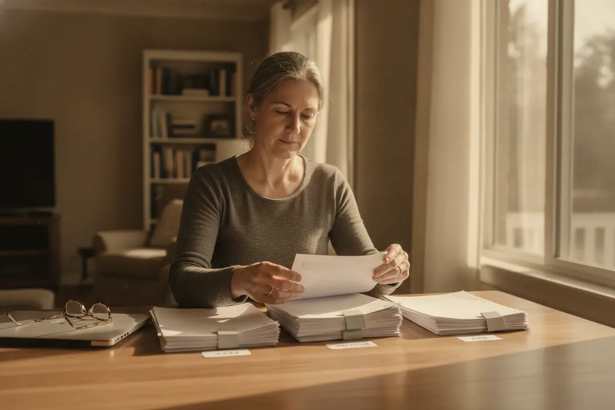 Federal employee organizing papers while reviewing TSP access choices