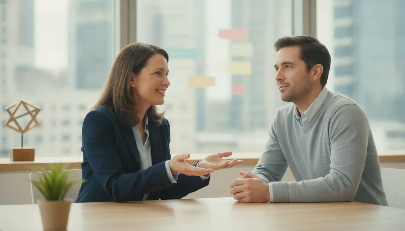 Retirement benefits advisor explaining a FERS pension plan to a federal employee in a bright office