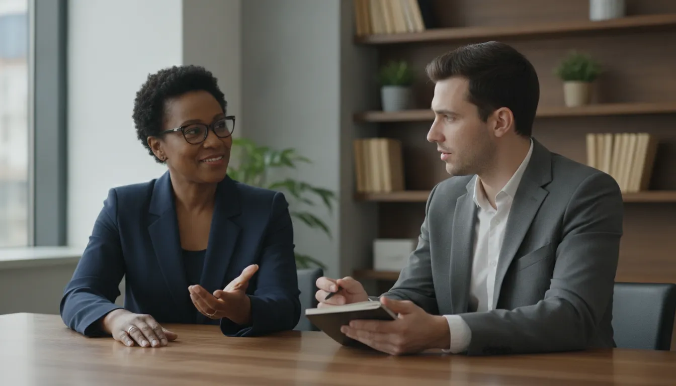 Federal employee reviewing a retirement savings plan with a benefits educator