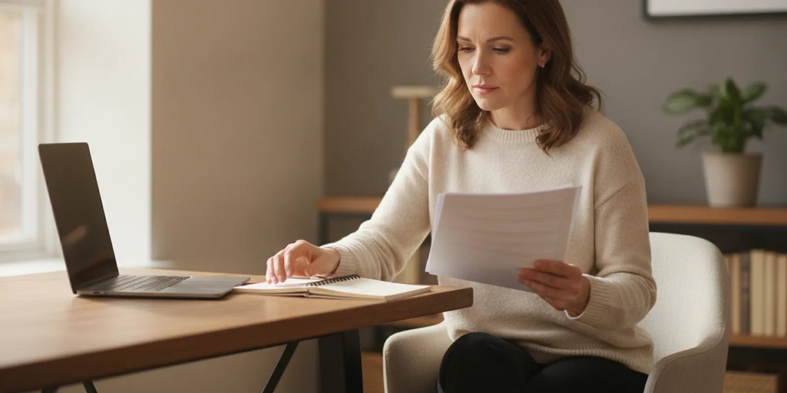 Federal employee reviewing retirement information at a desk with a laptop and notebook