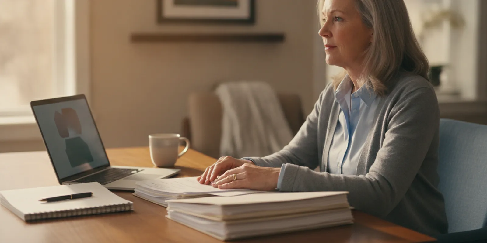 Federal employee reviewing retirement savings and benefits plans at a home desk