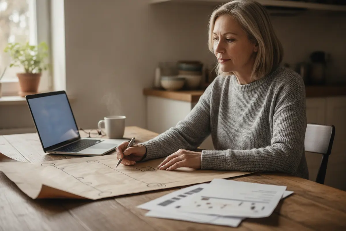 Illustration of an investor reviewing a target-date retirement timeline on paper