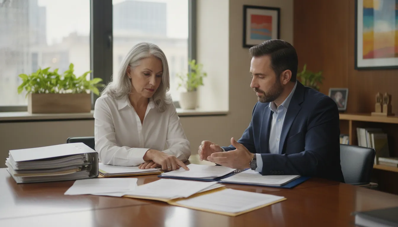 Federal employee organizing retirement documents with a benefits counselor