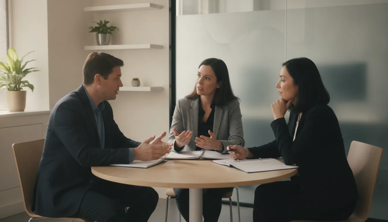Benefits advisors comparing US postal pension and USPS retirement planning options for a postal couple at a bright office table