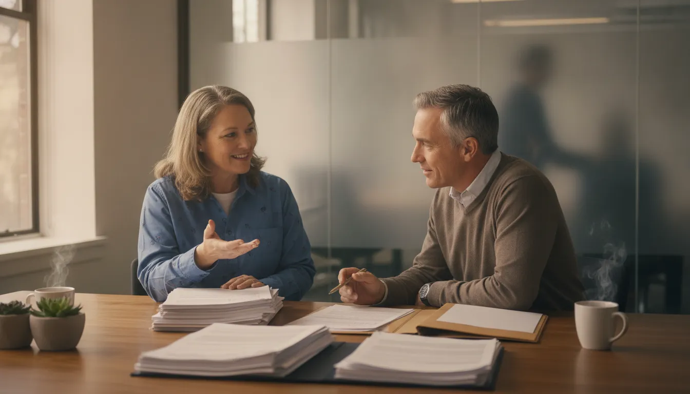 A postal employee and a benefits advisor reviewing US postal pension planning documents together in a bright office