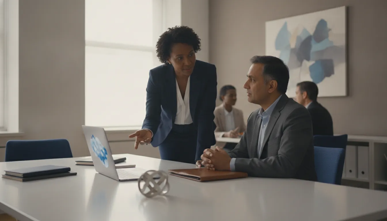 Federal employee reviewing TSP retirement investment choices with an advisor in a bright office