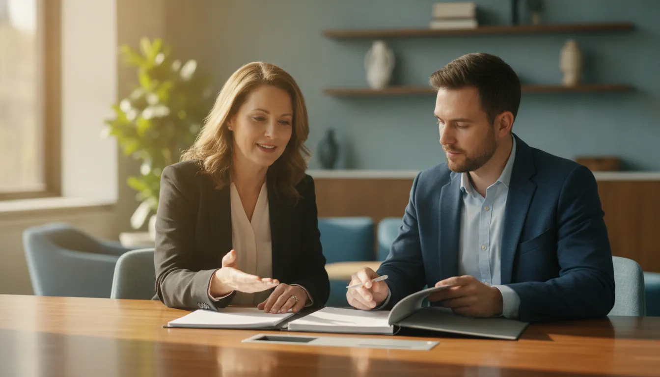 A federal retirement benefits advisor reviewing Social Security and pension paperwork with a federal employee in a bright modern office