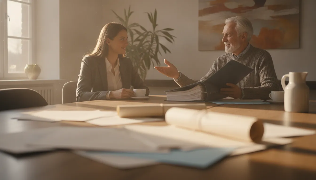 A retired postal worker planning retirement with a benefits advisor in a bright office