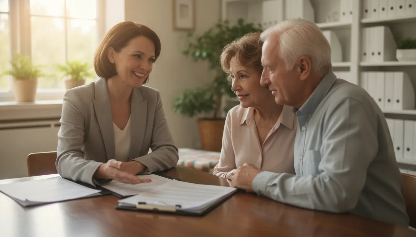 A federal retirement counselor sitting with a couple reviewing a Social Security benefit statement in a warm office