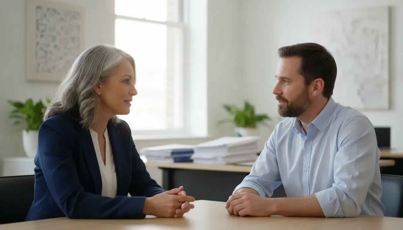 Federal employee discussing benefits deductions with a benefits educator
