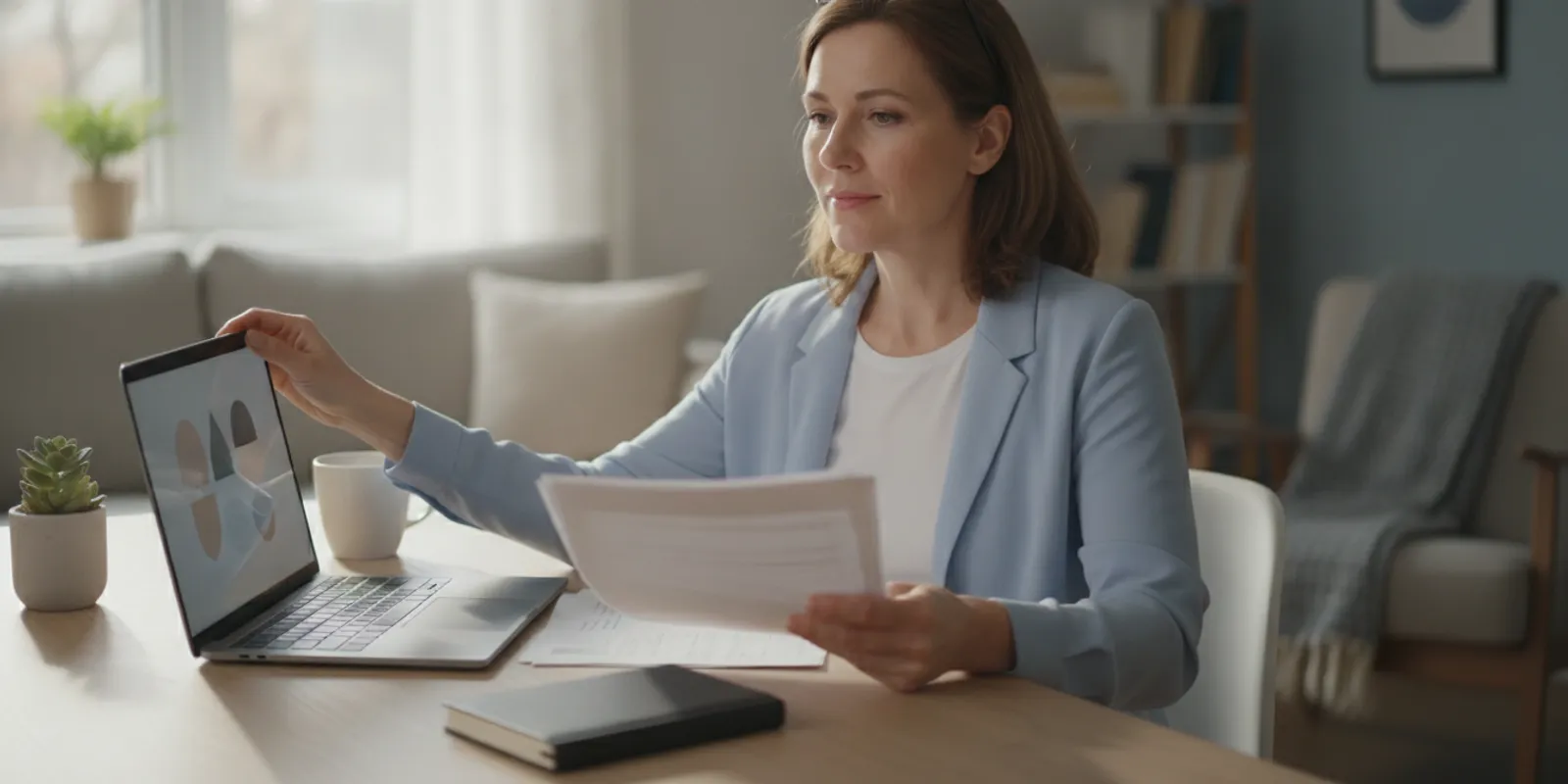 Federal employee reviewing a Thrift Savings Plan statement and retirement goals at a home desk