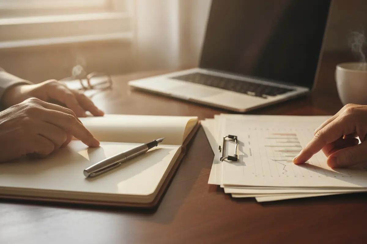 Notebook and benefits paperwork laid out for a federal employee's retirement review