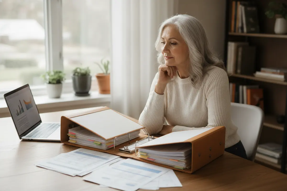 Retired federal employee comparing TSP and IRA paperwork at home