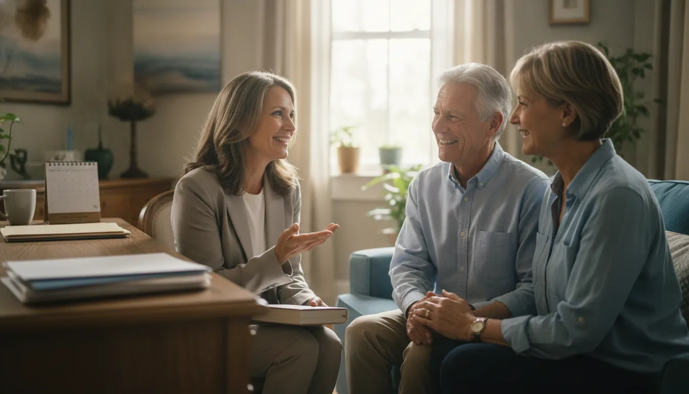 Benefits advisor speaking with a retired federal employee couple planning retirement income