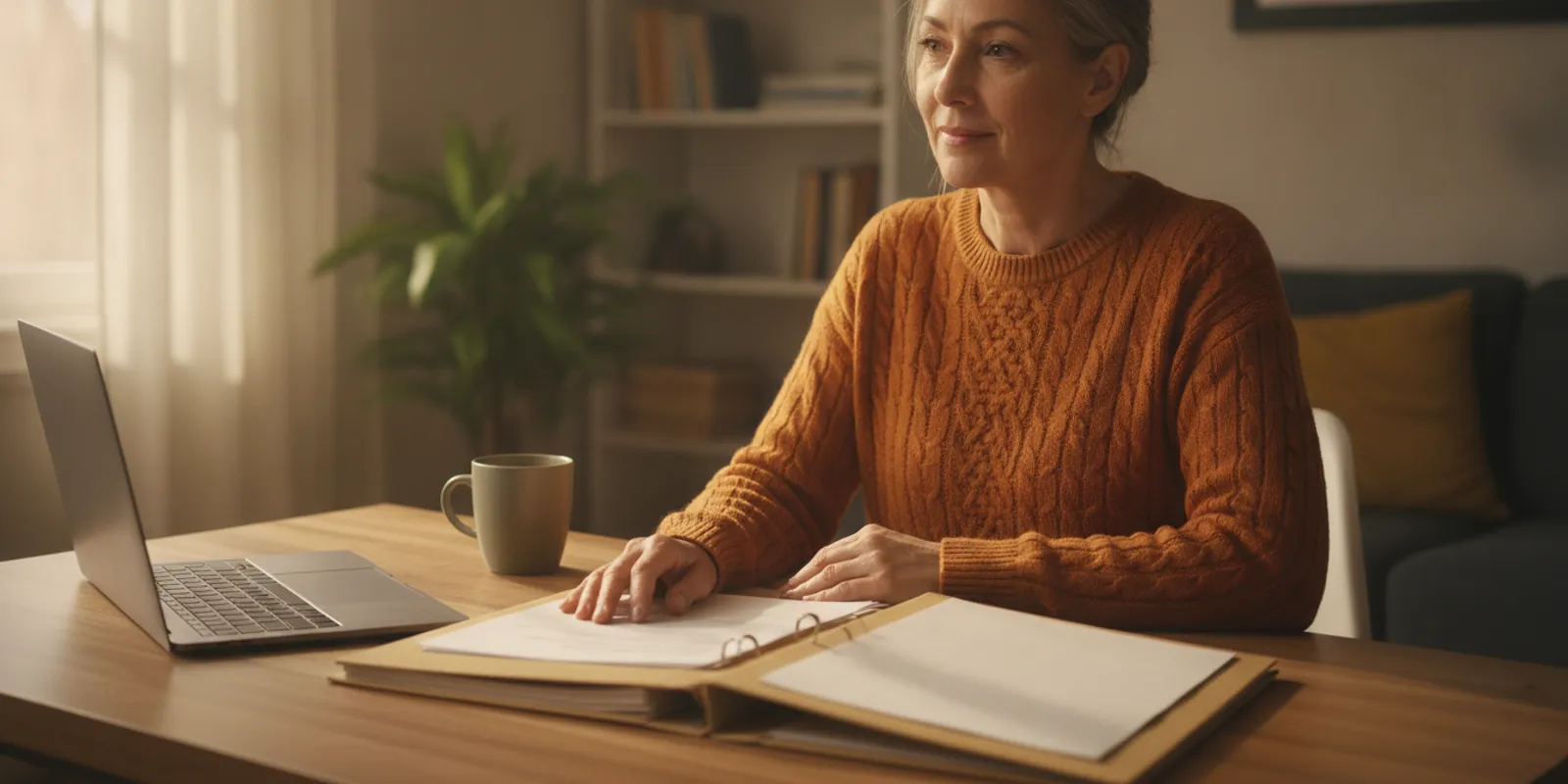 Federal employee reviewing TSP retirement documents at a home desk