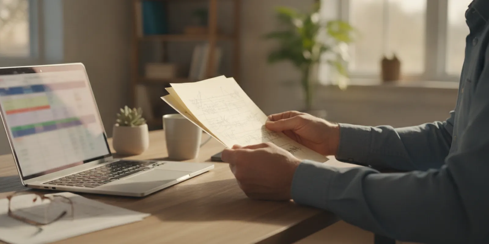 Federal employee reviewing a Thrift Savings Plan contribution summary at a desk