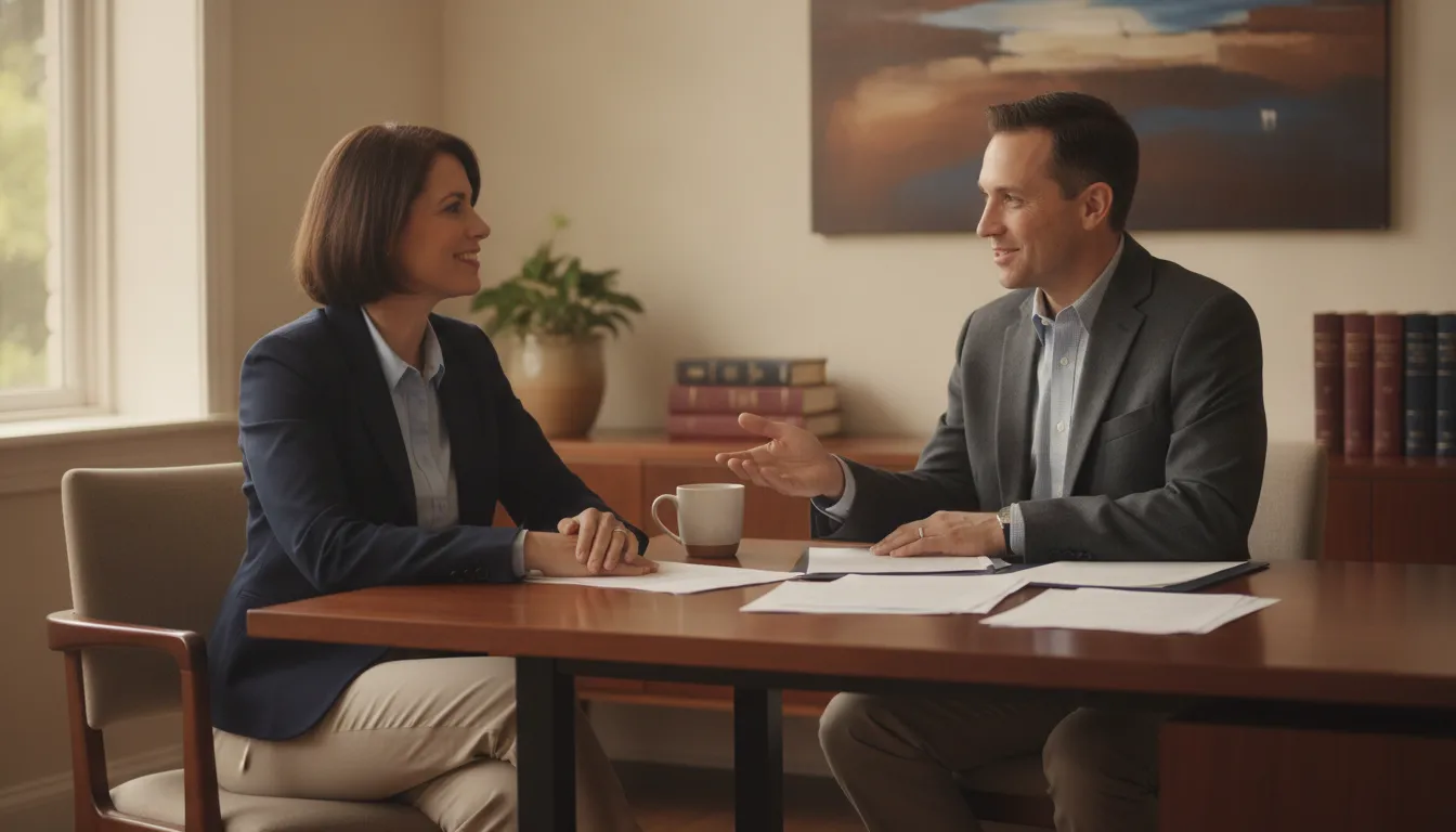 A federal employee meeting with a financial benefits advisor to plan retirement savings and TSP contributions in a bright office