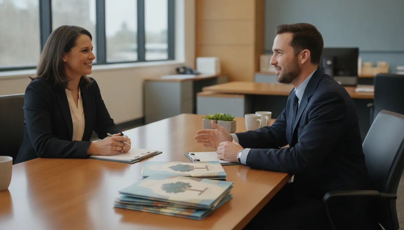 A US postal letter carrier and a benefits advisor reviewing retirement planning documents together