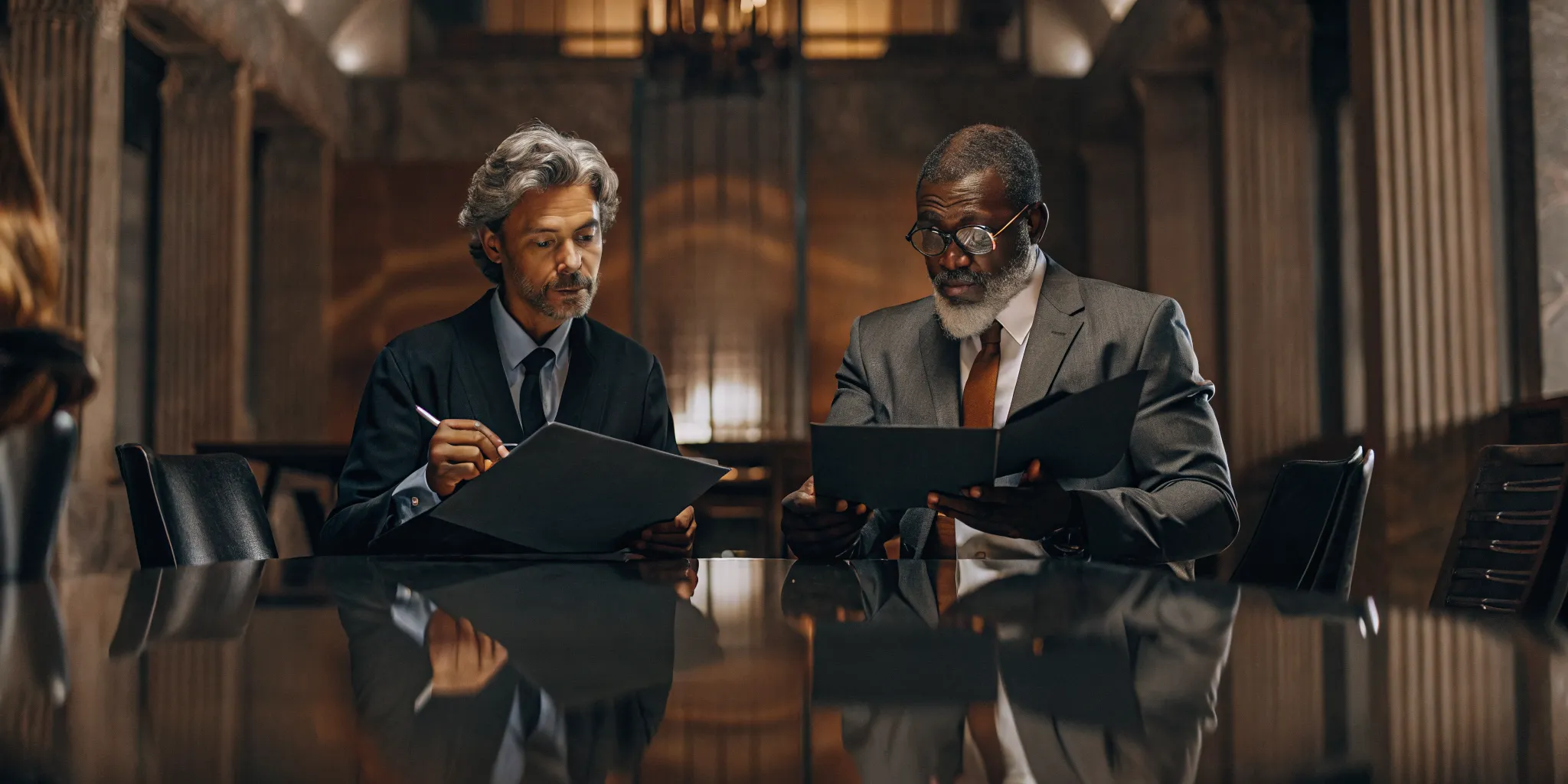 Senior attorneys reviewing breach of fiduciary duty business dispute documents