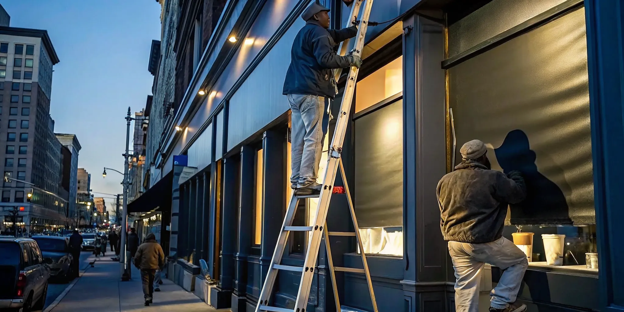 Custom banner being installed on a Long Island storefront