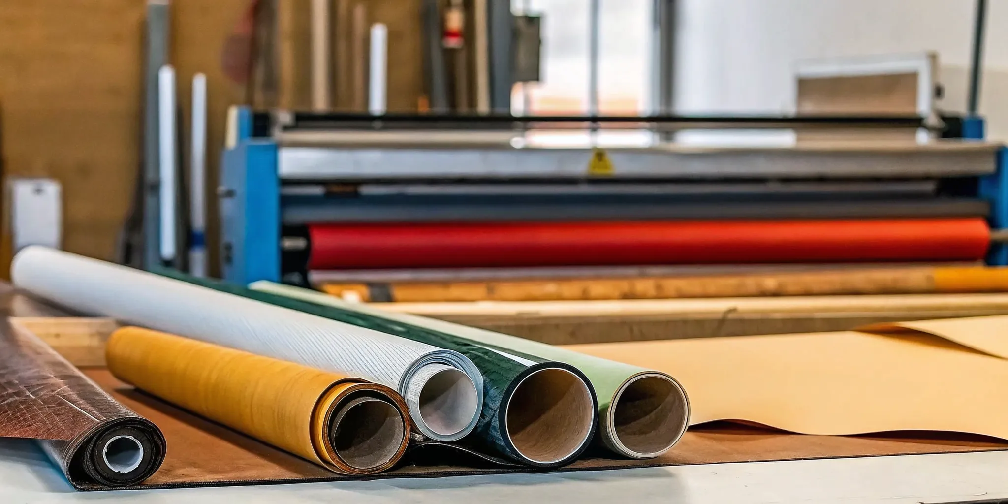 Vinyl mesh and fabric banner material samples displayed on a storefront