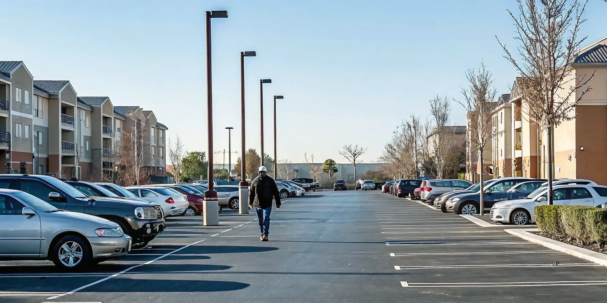 Parking lot of a multi-family apartment complex with mounted parking signs